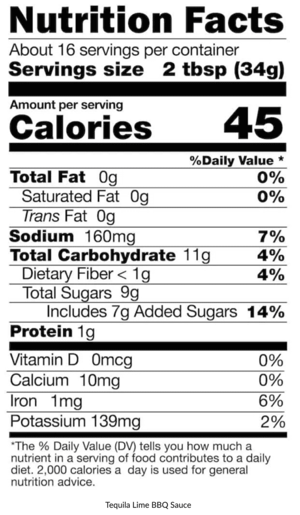 Nutrition facts for tequila lime BBQ sauce.